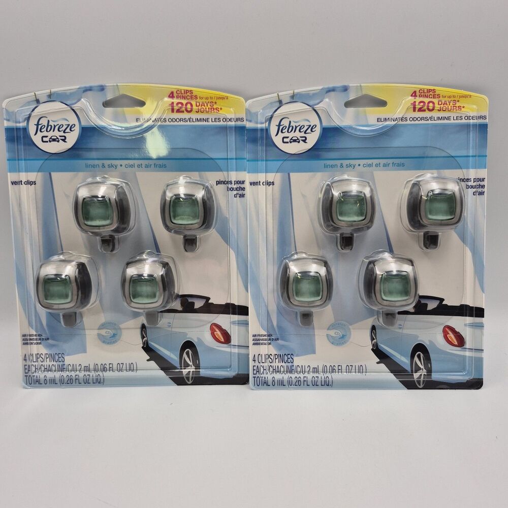 Febreze Car Air Freshener Set of 4 Clips Linen & Sky-upbrand NIB Sealed 2 Packs